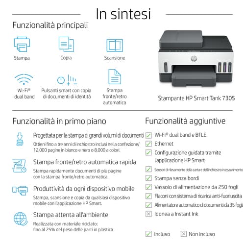 HP Smart Tank 7305 Wireless All-in-One Colore Stampante, Stampa fronte/retro; fotocopiatrice, scanner