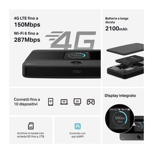 TP-Link M7352 Hotspot Mobile 4G LTE Wi-Fi 6 con display integrato e batteria a lunga durata